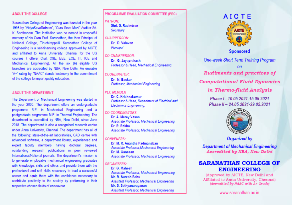 AICTE Sponsored One-week Short Term Training Program on Rudiments and practices of Computational Fluid Dynamics in Thermo-fluid Analysis