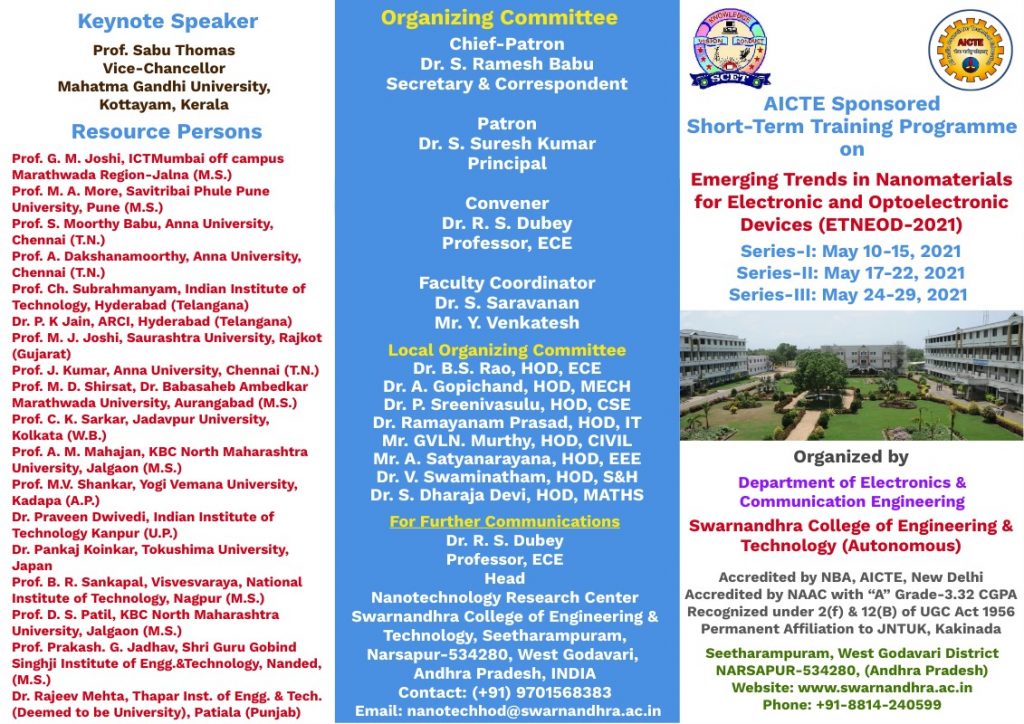 AICTE Sponsored Short-Term Training Programme on Emerging Trends in Nanomaterials for Electronic and Optoelectronic Devices (ETNEOD-2021)