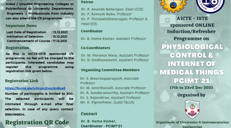 AICTE – ISTE sponsored online Refresher Course on Physiological control & Internet of Medical Things