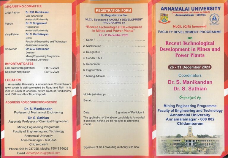 Free FACULTY DEVELOPMENT PROGRAMME (FDP) NLCIL (CSR) Sponsored by on Recent Technological Development in Mines and Power Plants at ANNAMALAI UNIVERSITY