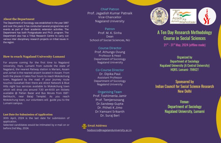 A Ten Day Research Methodology Course in Social Sciences Organized by Department of Sociology Nagaland University