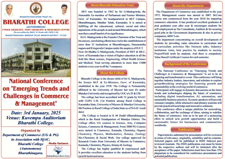 Bharathi College is hosting National Conference on Emerging Trends and Challenges in Commerce & Management