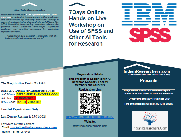 7Days Online Hands On Live Workshop on Use of SPSS and Other AI Tools for Research from 16th November to 22nd November 2024