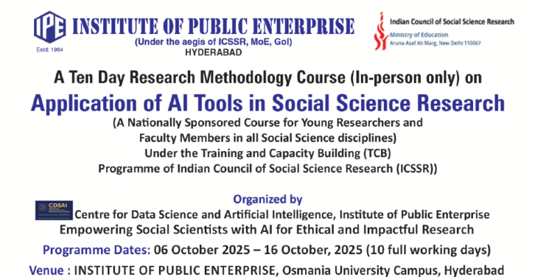 A ICSSR Fully-Sponsored 10-Day Research Methodology Course on AI & Data Science by IPE Hyderabad
