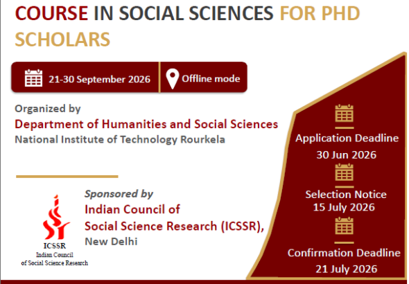 ICSSR Research Methodology Course 2026, NIT Rourkela Research Methodology Workshop, PhD Workshop India 2026, Social Science Research Training, ICSSR Sponsored Workshop, Research Methodology Course for PhD Scholars, SPSS Workshop for Researchers, Academic Writing Workshop India, Quantitative Research Training, Qualitative Research Methods Workshop