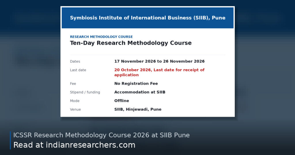 Key details: ICSSR Research Methodology Course at SIIB Pune 2026 | No Fee | Apply by 20 October