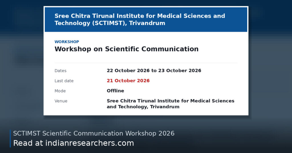 Key details: SCTIMST Trivandrum National Workshop on Scientific Communication 2026