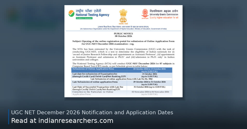 Part of the official notification: UGC-NET December 2026 Examination | Apply by 28 October